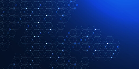 Futuristic hexagon pattern with glowing dots on dark blue background. Design for networks, innovation, blockchain, technology and science concept. Vector