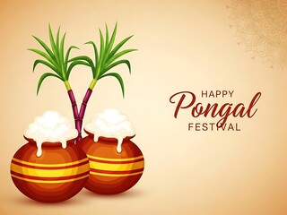 Two clay pots with sugarcane and milk overflowing for Pongal Festival celebration