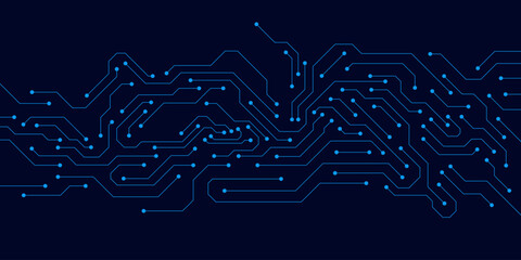 Futuristic circuit board technology, connected electronics elements on dark blue background. Design for hardware, communication and big data visualization. Vector