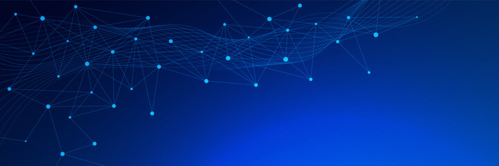 Abstract futuristic connected dots and lines with wave flow on dark blue background. Modern network connection, global communication, science and digital technology. Vector