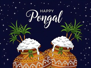 Two decorated clay pots with overflowing milk and sugarcane under starry night sky