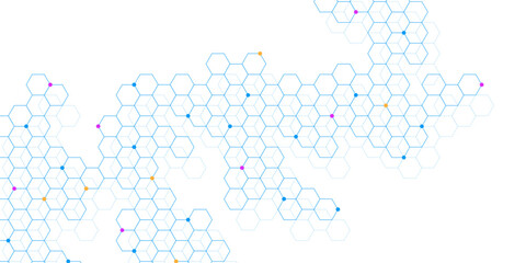 Hexagon pattern with colorful dots on white background. Abstract geometric design for science, biochemistry, medical and technology concept. Vector