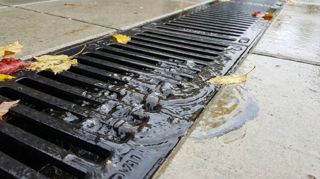 Water flowing through storm drain with autumn leaves on pavement   - Powered by Adobe