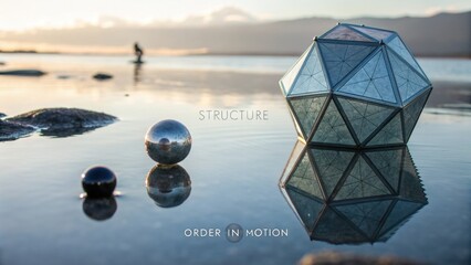 Reflective geometric structure and metallic sphere on tranquil water surface at sunset, order in motion concept