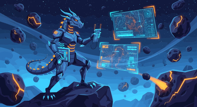 Cyborg Dinosaur in Space with Digital Screens