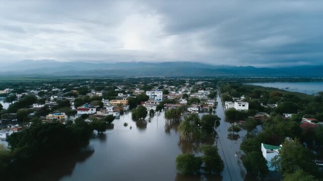 Aerial view of a flooded town after heavy rainfall, submerged houses and roads, people walking through water, natural disaster aftermath, humanitarian crisis scene, cloudy sky