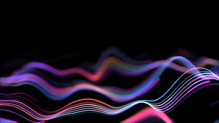 Colorful flowing neon wave lines blur smooth gradient light trails deep black background minimal futuristic digital style cyberspace big data light speed warped flow stream abstract tech visual ©  Seamless Loop