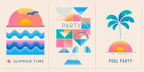 Abstract summer designs featuring sun waves palm leaves and colorful geometric shapes © Juel