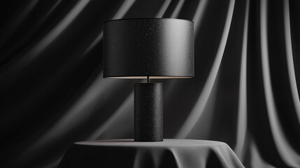 Elegant Black Lamp with Soft Light on Draped Fabric Background