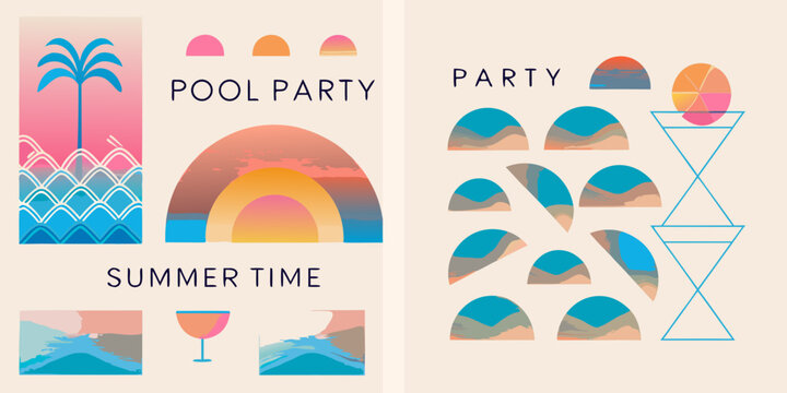 Colorful summer party design with palm trees waves and cocktail glass illustration