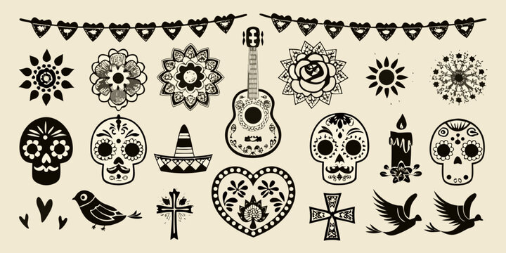 Dia de los muertos elements skulls flowers guitars and festive decorations