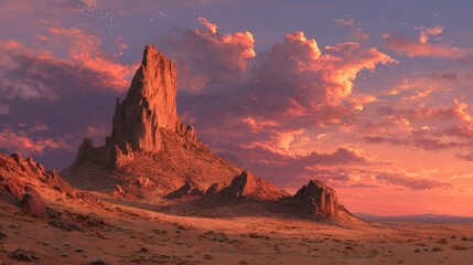Naklejka premium Dramatic desert rock formation under fiery sunset clouds
