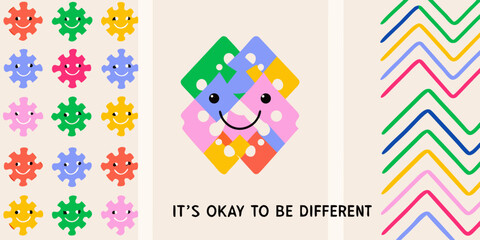 Naklejka premium a colorful puzzle piece collage with a smiley face and cheerful patterns
