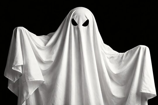 White ghost with spread hands on black background. Spooky phantom floating in the dark. Scary sheet ghost greeting someone. Isolated Ghost Collection.