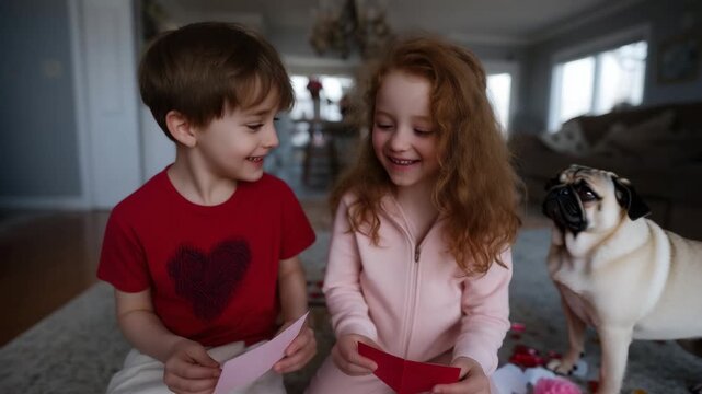 two young siblings sitting on the living room floor opening Valentine&rsquo;s Day cards and small gifts