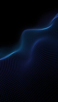 Blue dotted particle wave landscape with smooth flowing depth, glowing point grid and subtle neon highlights on deep black background, abstract futuristic data field surface, vertical 9:16 cinematic