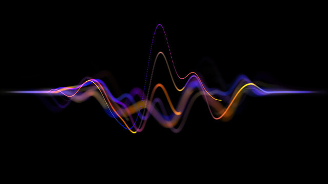 Abstract neon background glowing sound waves motion purple orange blue audio waves noise frequency waveform music track voice recording audio spectrum futuristic digital aesthetic cinematic 