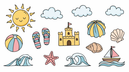 Collection of cute cartoon summer beach elements and symbols.