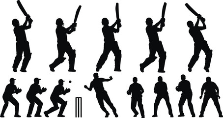 Obraz premium Large Collection of Cricket Player Silhouettes Featuring Batsmen Hitting Different Shots and Fielders in Action Poses Isolated on White Background Vector