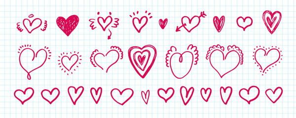 Fototapeta premium Doodle pink hearts set. Decorative line art style hearts. Cute heart. Vector symbol of love. 
