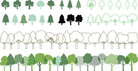 Clean vector forest tree illustration set, minimal flat nature icons, deciduous and pine trees, landscape elements collection, modern eco design