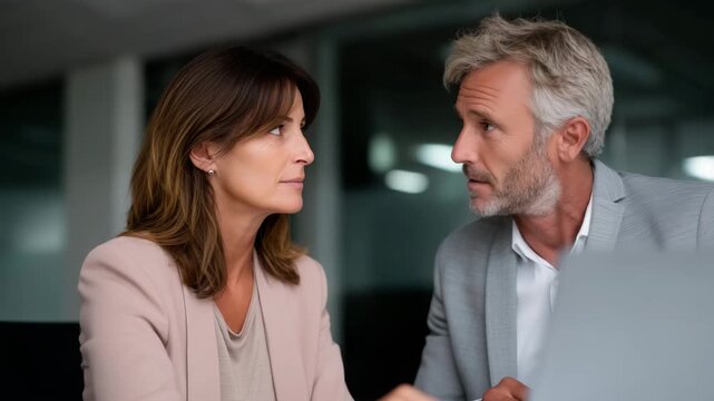 a business meeting in a modern office a female manager, lawyer, consulting, older male client, reviewing documents, legal advice,