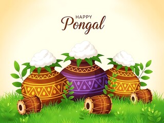 Three colorful pots with cotton and green leaves on grassy field with Happy Pongal text