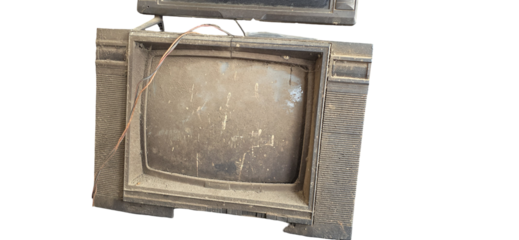 Vintage television set with a wooden frame and a curved screen displayed against a white background cutout