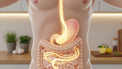 Obraz premium Detailed illustration of human digestive system with stomach and intestines, showing nutrient absorption glow.