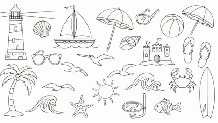 Collection of Summer Beach and Ocean Themed Line Art Illustrations. © Ares