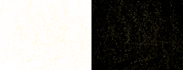 Gold dust particles with transparent and black background, shiny glitter texture overlay effect