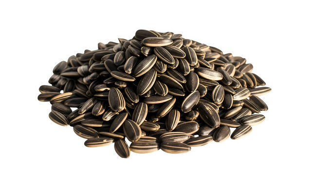 Pile of sunflower seeds isolated on white or transparent background, natural texture, top view, studio lighting, sharp focus, high resolution, PNG