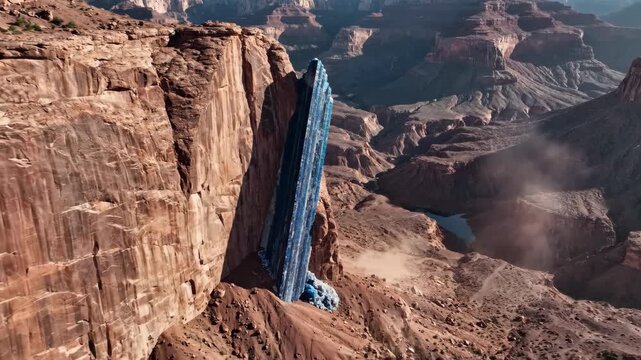 A blue kyanite blade piercing a windswept canyon wall scene