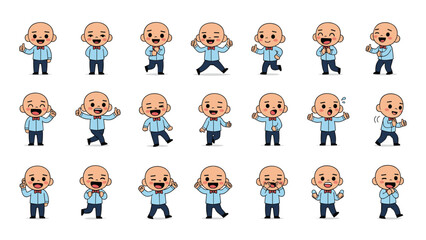 Fototapeta premium Large set of a cute bald cartoon character in various poses and expressing different emotions like happiness and thought.