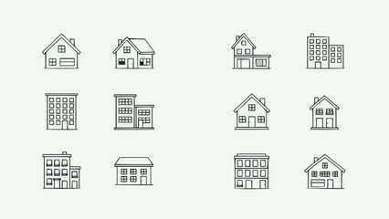 Collection of diverse building icons representing residential and commercial structures. © pia