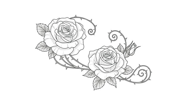Elegant black and white illustration of two beautiful roses with swirling thorny stems in a classic tattoo or sketch style.