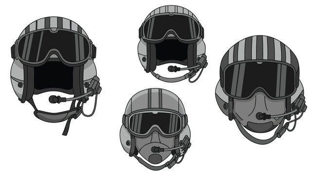 Set of four detailed illustrations of a modern fighter pilot helmet from different angles, with and without an oxygen mask.
