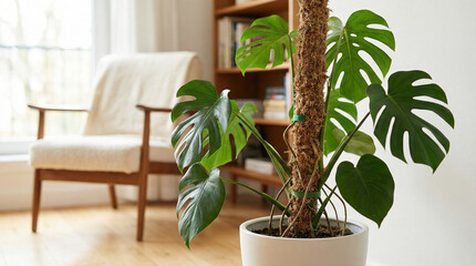 Indoor monstera plant in modern pot next to cozy armchair  