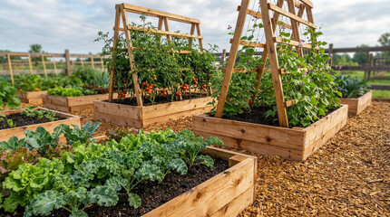 Vegetable garden with raised beds and trellises in sunny day  