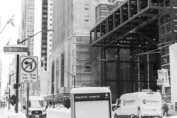 Obraz premium black and white view of King St W, near Jordan St in the financial district, Toronto