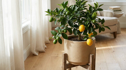 Indoor lemon tree in a pot with ripe lemons in cozy living room  