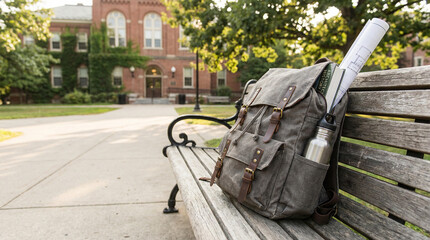 Backpack resting on bench in university campus during daytime  