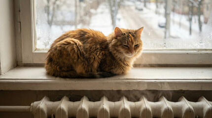 Fluffy orange cat resting on windowsill near radiator in winter  