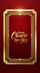 Fototapeta premium Happy Chinese New Year Gold Ornate Frame Red Background Celebration Greeting Card Design