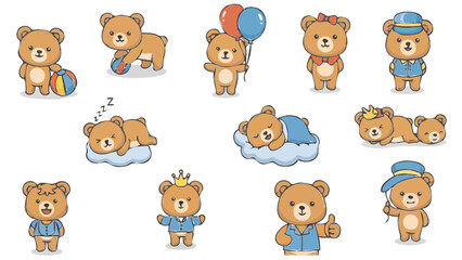 Cute cartoon teddy bear collection with various poses and accessories. © Sude