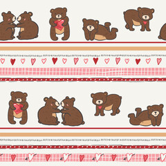 Teddy bear Valentine's day love vector seamless striped pattern.