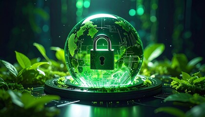 Secure Green Planet Earth Globe with Padlock and Lush Foliage.