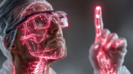 Futuristic scientist interacts with glowing digital anatomy overlay, exploring advanced medical technology and virtual reality interfaces.