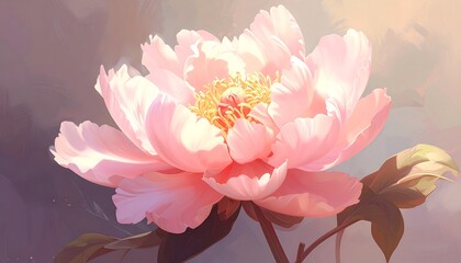 Softly lit painting of a peony in full bloom, showcasing delicate pink petals and a golden center. Subtle brushstrokes