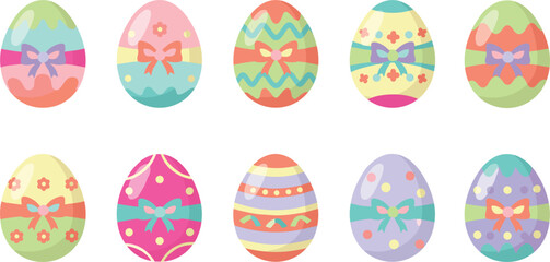 Colorful Decorated Easter Egg Illustration Set Featuring Pastel Patterns, Ribbons, Flowers, Stripes, Dots, and Festive Spring Holiday Designs